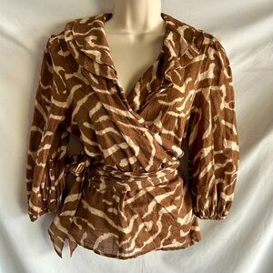 Lauren Ralph Lauren Green Label Ruffle Wrap Blouse Chocolate & Tan | Size Large